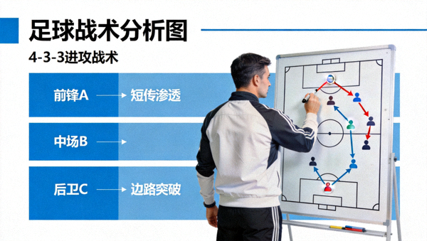 足球战术分析图，教练在战术板上绘制比赛策略